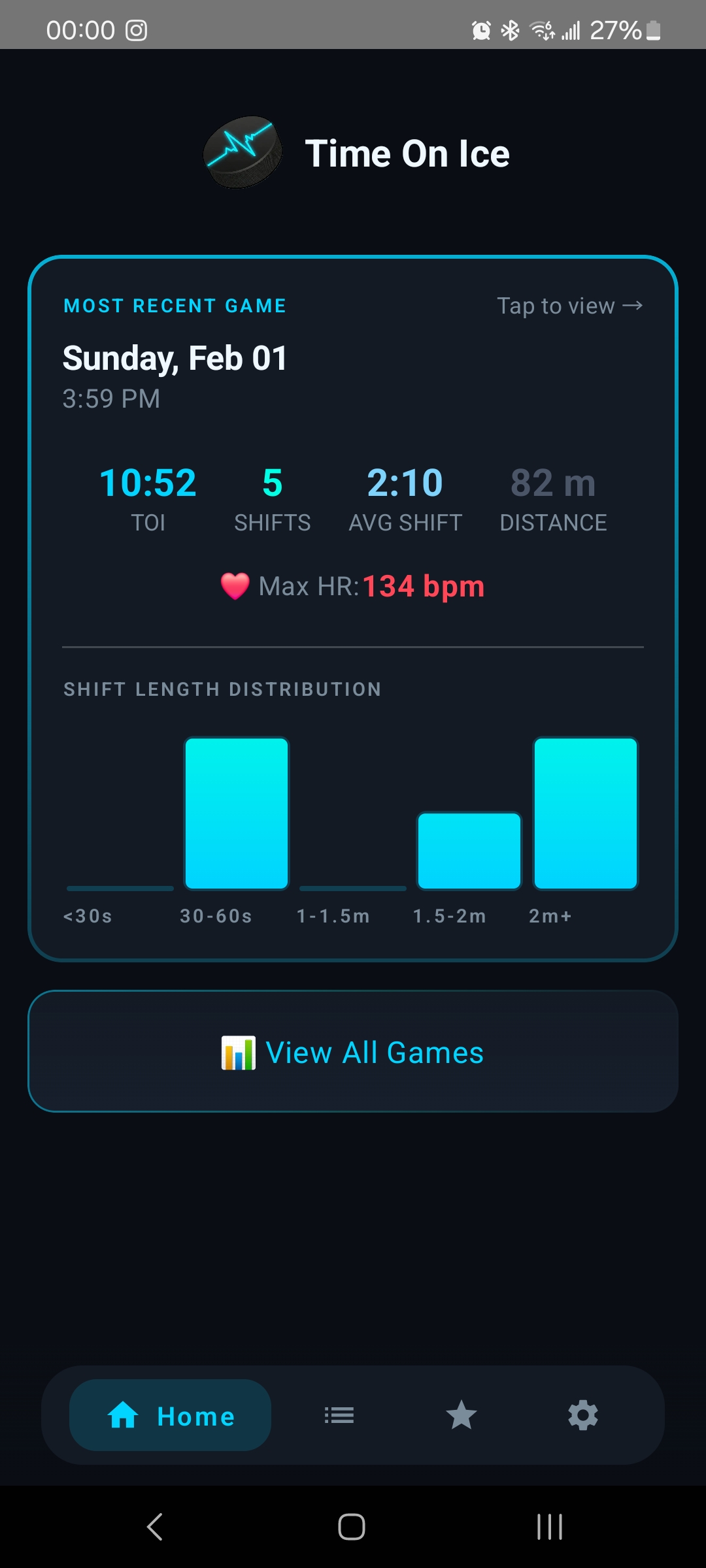 Time On Ice phone app showing game stats